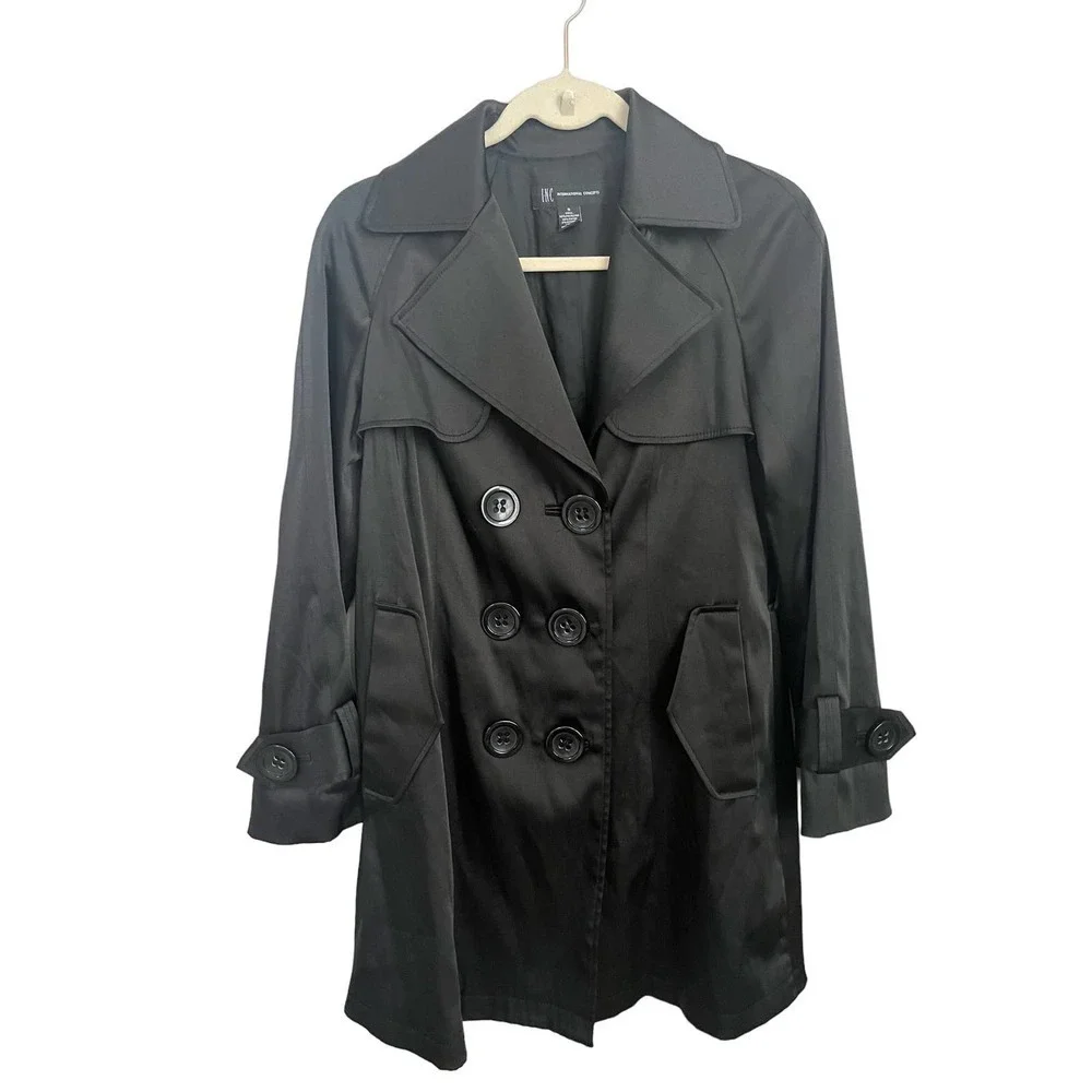 INC Black Satiny Trench Coat Size Small - Picture 1 of 7